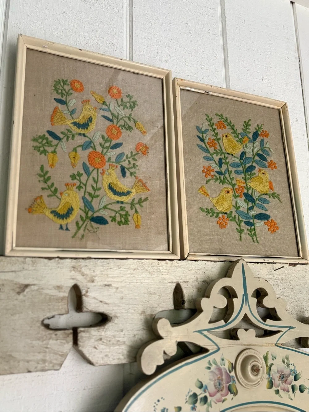 Vintage 70s Hand-Embroidered Yellow Bird Wall Art Pair Folk Art